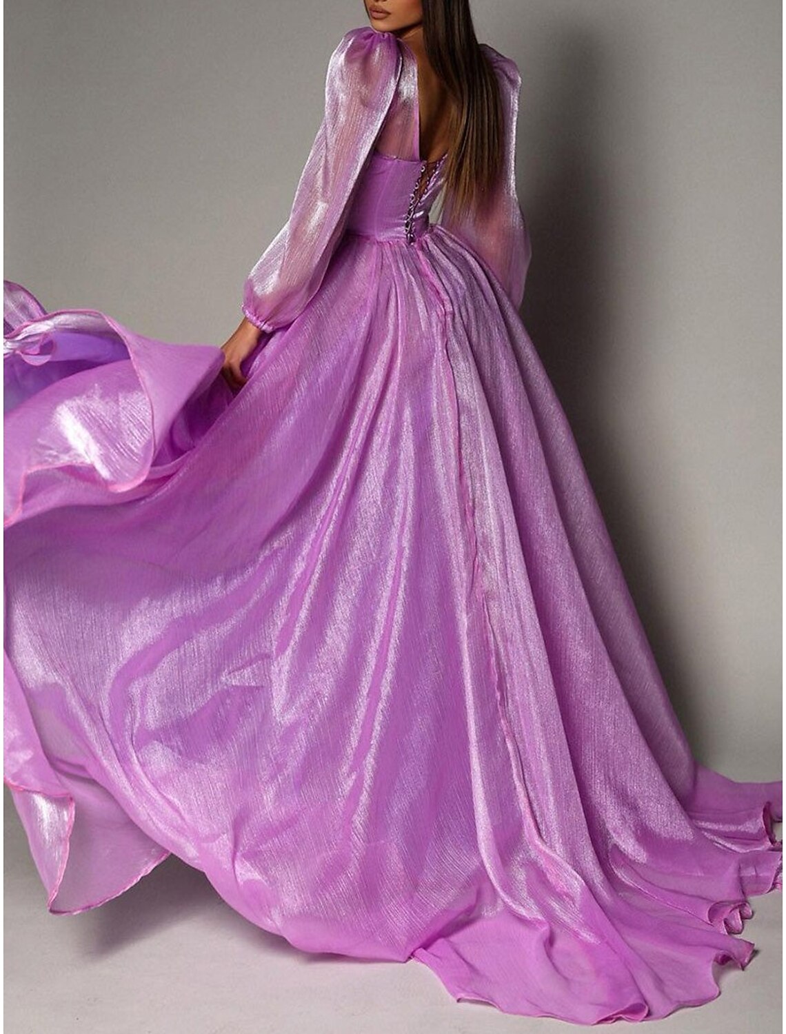 Abito da sera a trapezio con spacco alto, abito da ospite di nozze, in maschera, strascico, manica lunga, scollo a V, in organza con spacco 2025